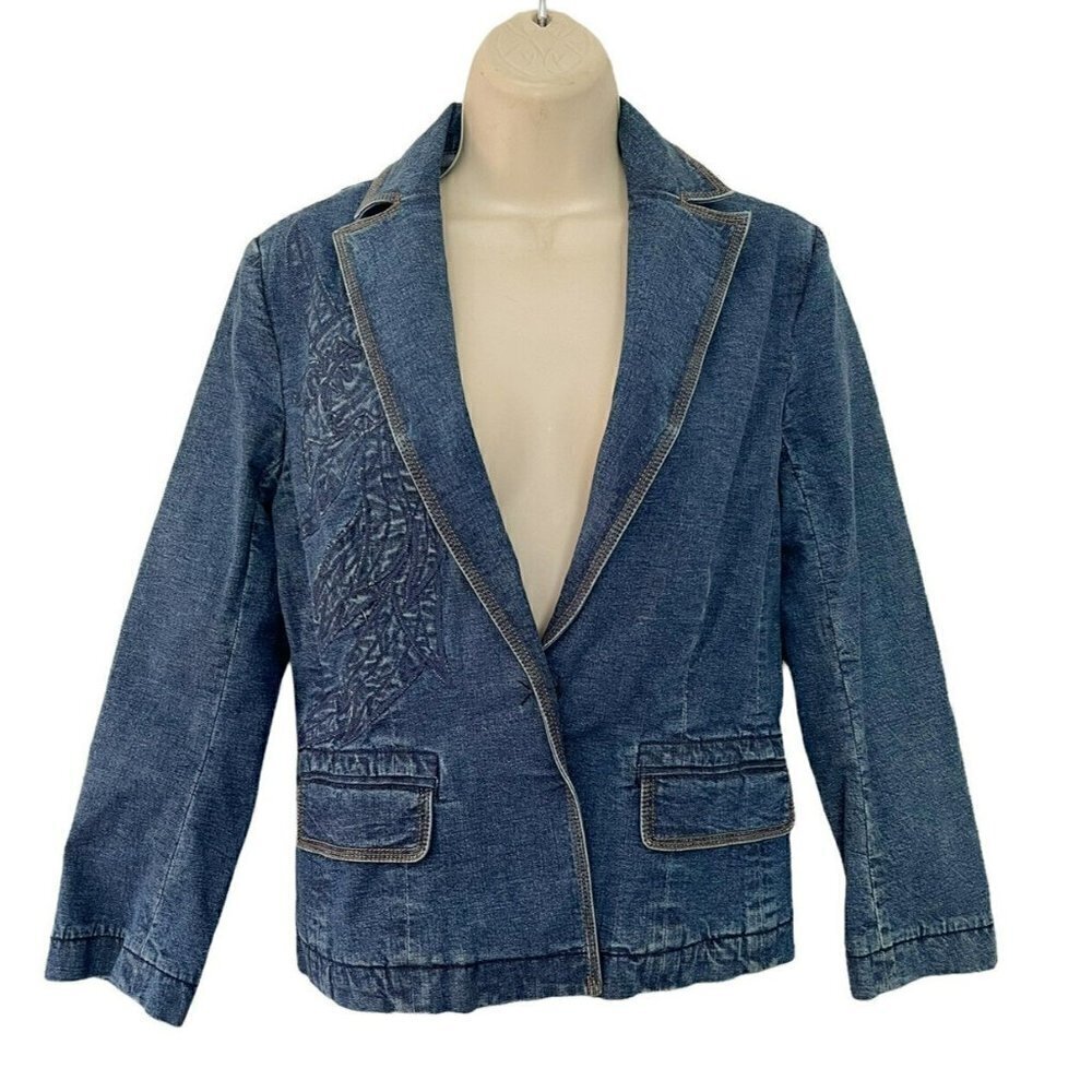 Maxazria Collection Denim Jean Jacket Floral Embroidered